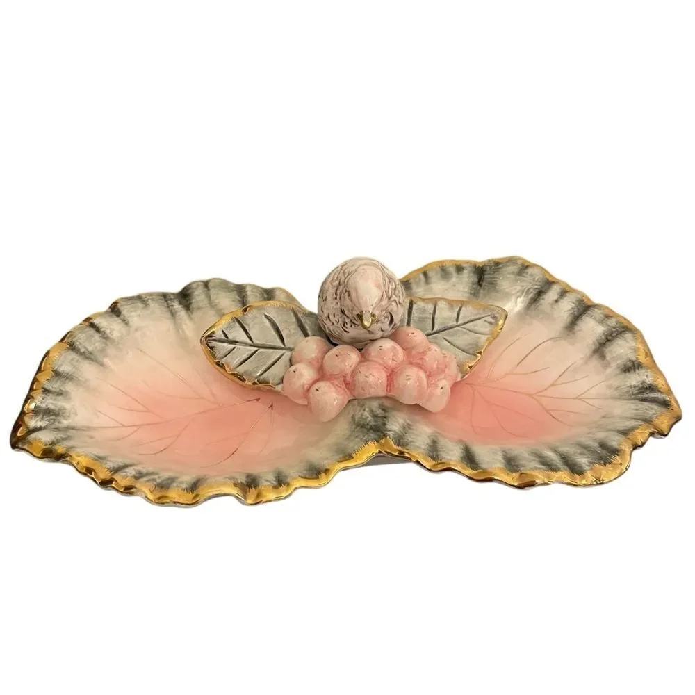 Vintage Ceramic Bird on Leaf Trinket Dish Pink Grey Gold Gilded Catchall 10 Inch